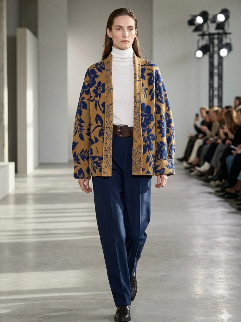 Floral Knit Cardigan - Blue and Tan